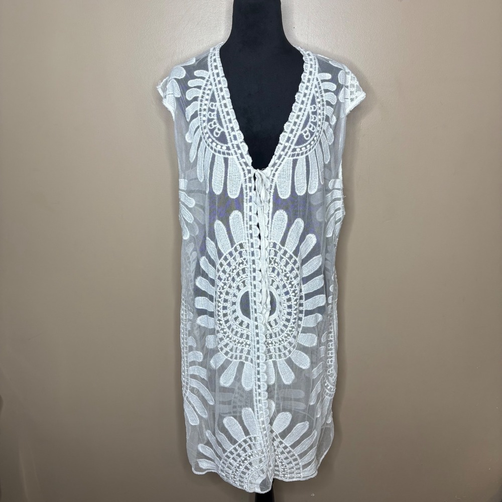 Calstyle White Embroidered Mesh Swimsuit Cover Up XL Boho Lace Kimono‎